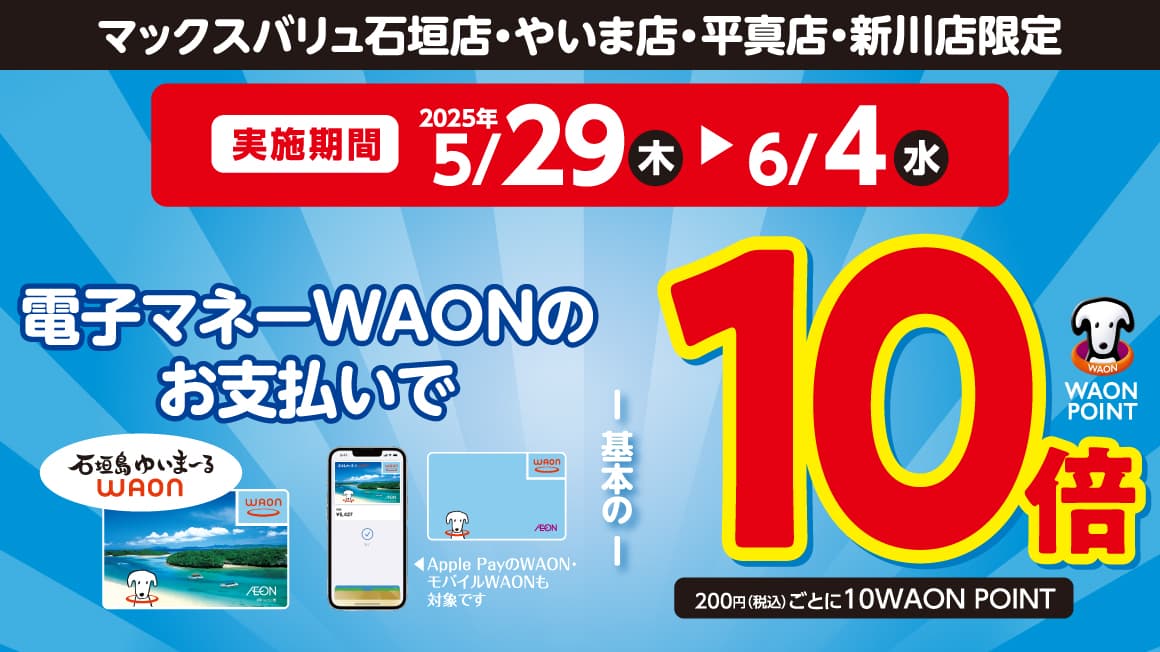 【マックバリュ石垣店・やいま店・平真店・新川店限定】<br>電子マネーWAONのお支払いでWAON POINT10倍