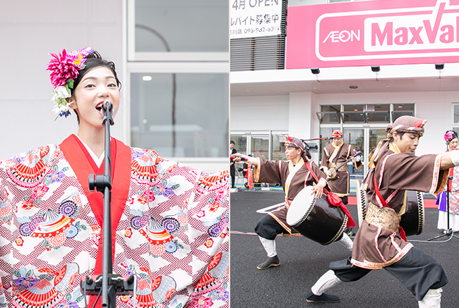 和装の女性とエイサー隊